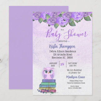 Cute Purple Owl Bring A Book Baby Shower   Invitation