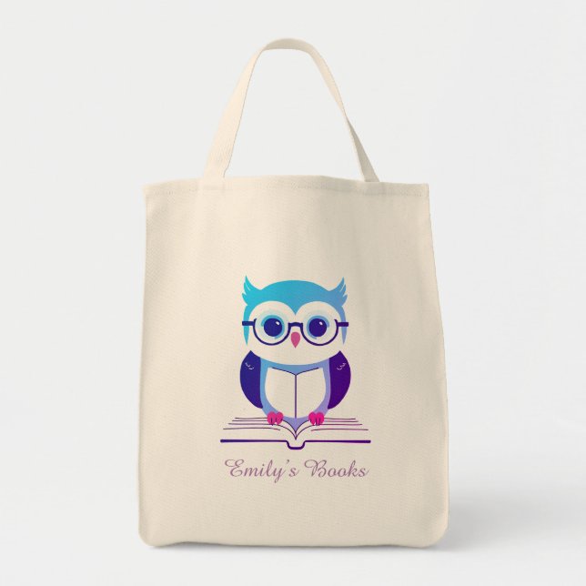 Cute purple owl on book personalised library book tote bag (Front)