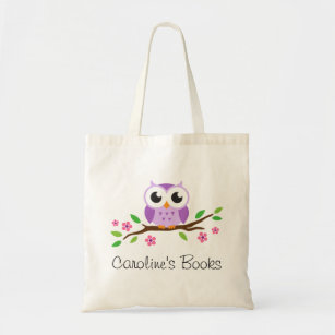 Cute purple owl on branch personalised library tote bag