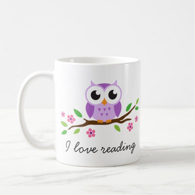 Cute purple owl on floral branch I love reading Coffee Mug (Left)