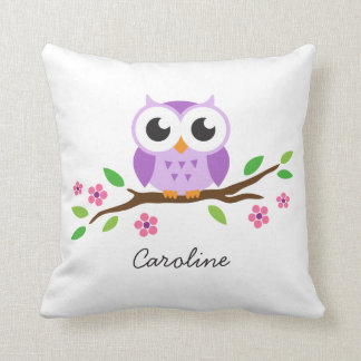 Cute purple owl on floral branch personalised name cushion