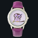 Cute Purple Owl Watch<br><div class="desc">Stylish custom watch features a sweet vector illustration of an owl perched on a tree branch on a polka dots pattern background.  Babystar Design at mygrafico.com</div>