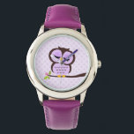 Cute Purple Owl Watch<br><div class="desc">Stylish custom watch features a sweet vector illustration of an owl perched on a tree branch on a polka dots pattern background.  Babystar Design at mygrafico.com</div>