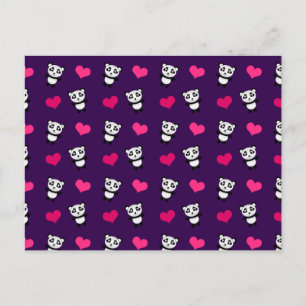 Cute purple panda hearts pattern postcard