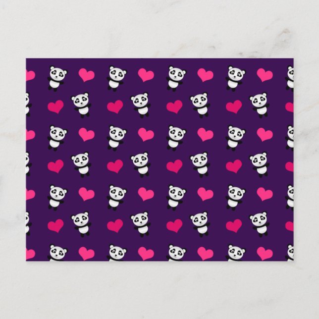 Cute purple panda hearts pattern postcard (Front)