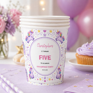 Cute Purple Pastel Magic Unicorn 5th Birthday Paper Cups