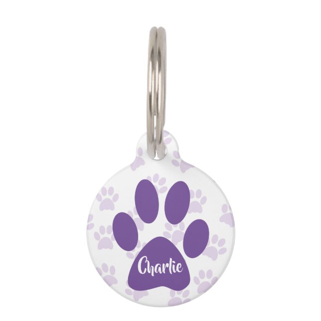 Cute Purple Paw Prints Personalised Pet ID Tag (Front)