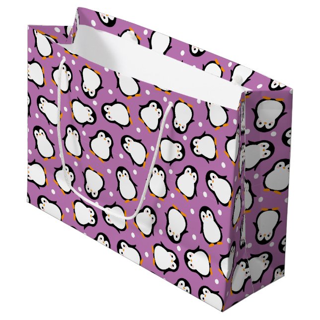 Cute purple penguin pattern large gift bag (Front Angled)