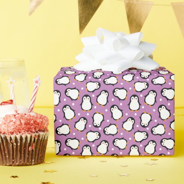 Cute purple penguin pattern wrapping paper (Birthday Party)