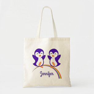 Cute Purple Penguin Personalized Name Tote Bag
