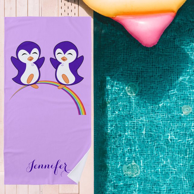 Cute Purple Penguins on Rainbow Beach Towel (Creator Uploaded)