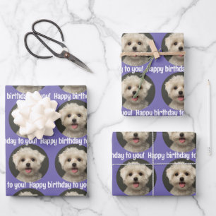 Cute Purple Pet Photo Pattern Happy Birthday Wrapping Paper Sheet