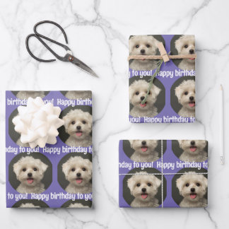 Cute Purple Pet Photo Pattern Happy Birthday Wrapping Paper Sheet