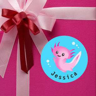 Cute Purple Pink Axolotl Bubble with Name Classic Round Sticker