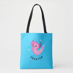 Cute Purple Pink Axolotl Bubble with Name Tote Bag