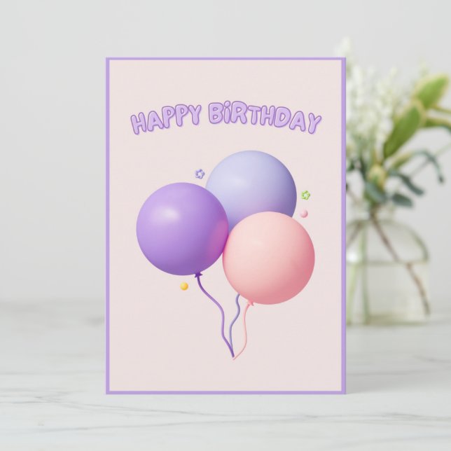 Cute Purple Pink Balloons Happy Birthday Card (Standing Front)