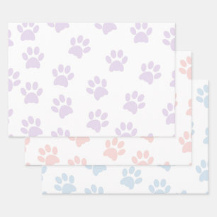 Cute Purple, Pink & Blue Paw Print Pattern Wrapping Paper Sheet
