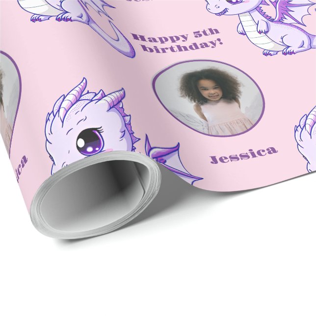 Cute Purple Pink Chibi Dragon Custom Photo Text Wrapping Paper (Roll Corner)