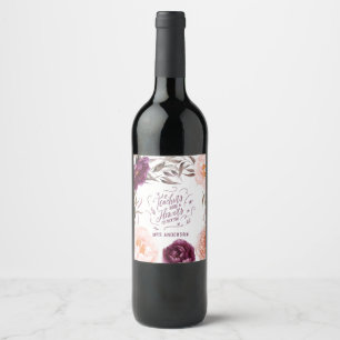 cute purple pink floral elegant teacher  wine label