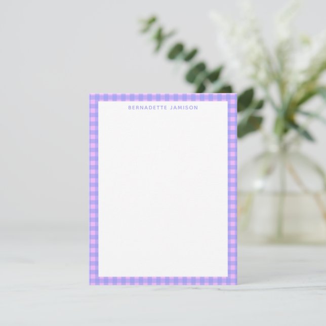Cute Purple Pink Gingham Personalised Stationery Card (Standing Front)