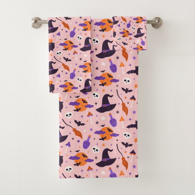 Cute Purple & Pink Halloween Pattern Bath Towel Set (Insitu)