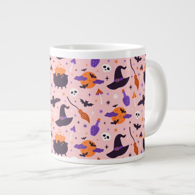 Cute Purple & Pink Halloween Pattern Large Coffee Mug (Front Right)