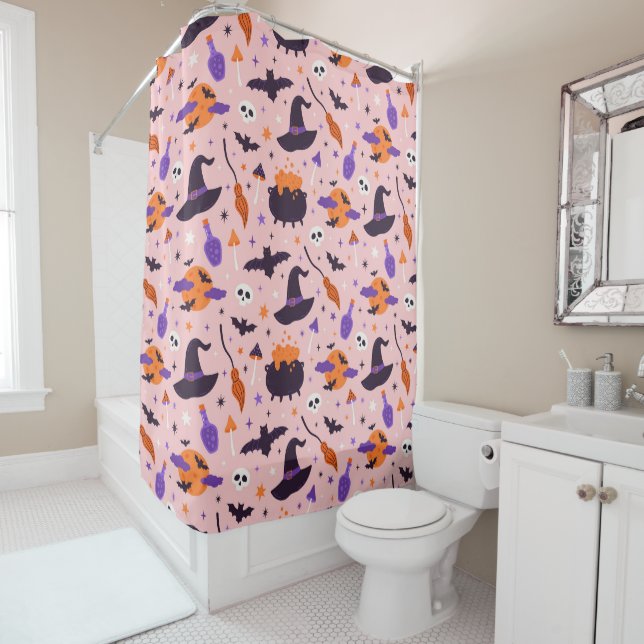 Cute Purple & Pink Halloween Pattern Shower Curtain (In Situ)