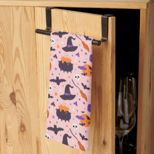 Cute Purple & Pink Halloween Pattern Tea Towel