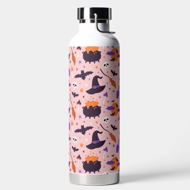 Cute Purple & Pink Halloween Pattern Water Bottle (Left)