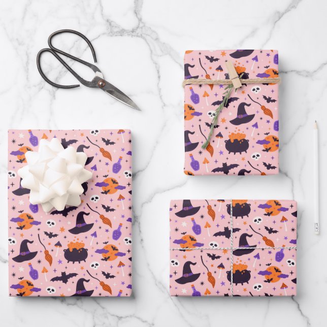 Cute Purple & Pink Halloween Pattern Wrapping Paper Sheet (Front)