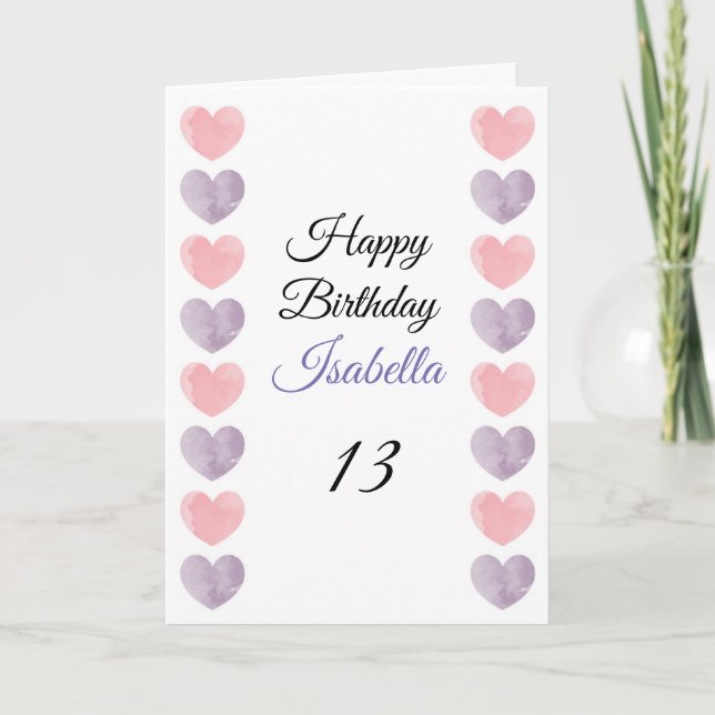 Cute Purple Pink Paint Heart Set 13th Birthday Card (Front)