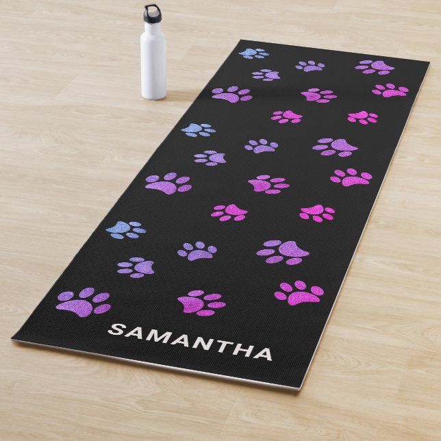 Cute Purple Pink Paw Prints on Black Custom Yoga Mat (In Situ)