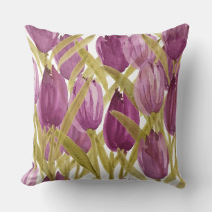 Cute Purple Pink Tulips Watercolor Art Cushion