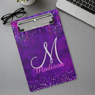 Cute Purple pink Unicorn Glitter Drips monogram Cl Mini Clipboard