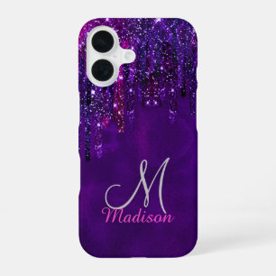 Cute Purple pink Unicorn Glitter Drips monogram iPhone 16 Case
