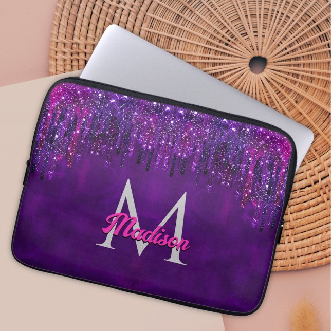 Cute Purple pink Unicorn Glitter Drips monogram Laptop Sleeve (Creator Uploaded)