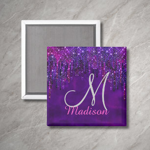 Cute Purple pink Unicorn Glitter Drips monogram Magnet