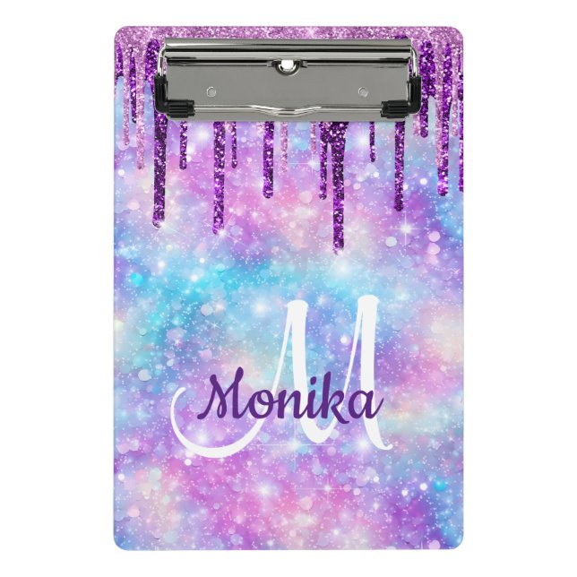 Cute Purple pink Unicorn Glitter Drips Monogram Mini Clipboard (Front)