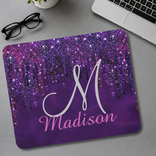 Cute Purple pink Unicorn Glitter Drips monogram Mouse Mat