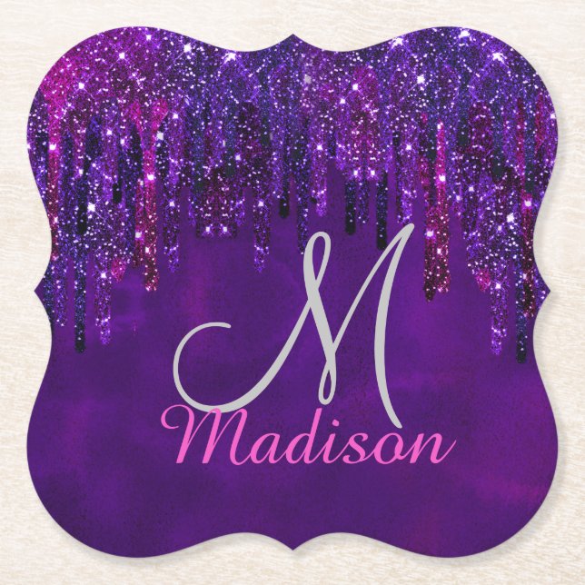 Cute Purple pink Unicorn Glitter Drips monogram Paper Coaster (Front)