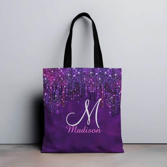 Cute Purple pink Unicorn Glitter Drips monogram Tote Bag (Creator Uploaded)