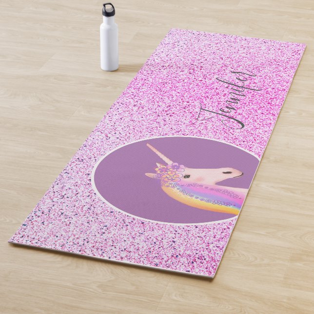Cute Purple Pink Unicorn Monogrammed Kids Yoga Mat (In Situ)