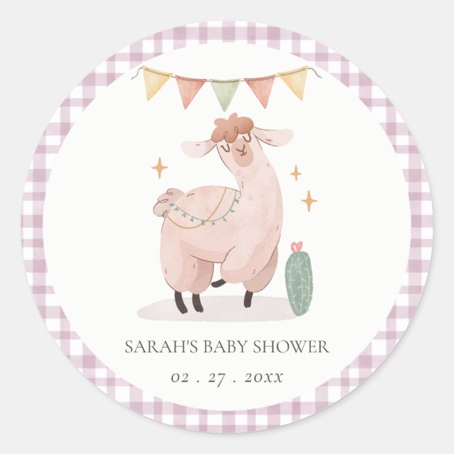Cute Purple Plaid Cactus Boho Llama Baby Shower Classic Round Sticker (Front)