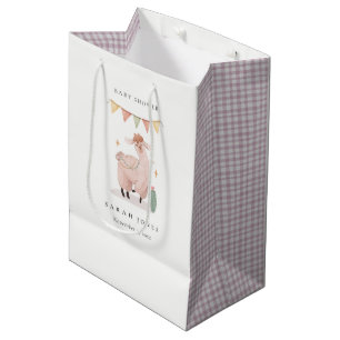 Cute Purple Plaid Cactus Boho Llama Baby Shower Medium Gift Bag