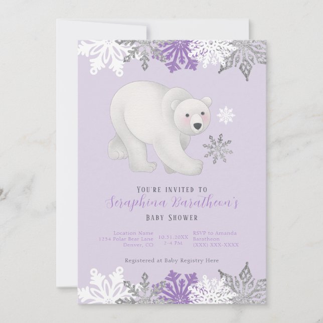 Cute Purple Polar Bear Baby Shower Invitation (Front)