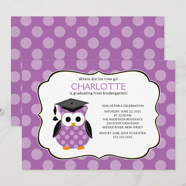 Cute Purple Polka dots Grad Owl Girl Graduation Invitation (Front/Back)