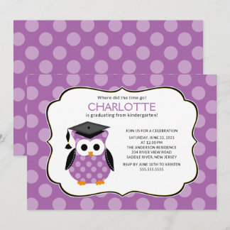 Cute Purple Polka dots Grad Owl Girl Graduation Invitation