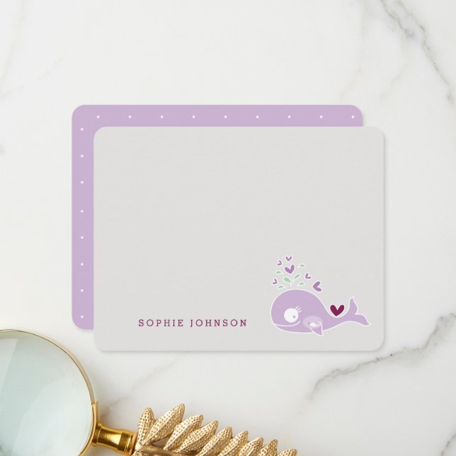 Cute Purple Pregnant Mummy Whale Girl Baby Shower Thank You Card (Front/Back In Situ)