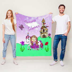 Cute Purple Princess and Unicorn Personalised Fleece Blanket