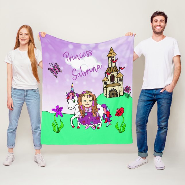 Cute Purple Princess and Unicorn Personalised Fleece Blanket (In Situ)
